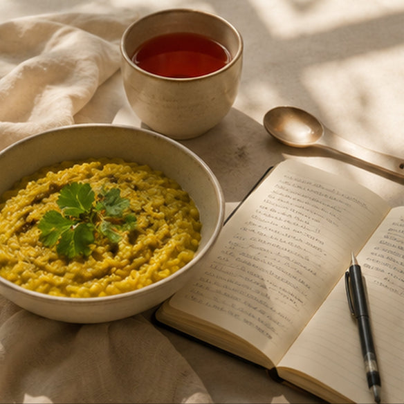 Bowl of kitchari with a cup of tea, open book, pen, and spoon on a textured surface.